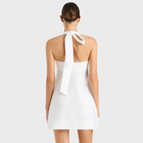 BONDI BORN DELPHI ORGANIC LINEN HALTER MINI DRESS - WHITE